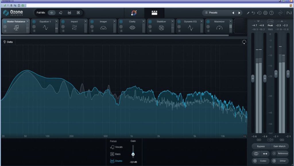 iZotope OZONE 11 Modul Ansicht Einstellen der Lautstärke der Vocals, Bass und Drums