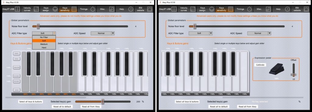 ESI XKEY PLUS EDITOR - Sensivity & Gain Panel