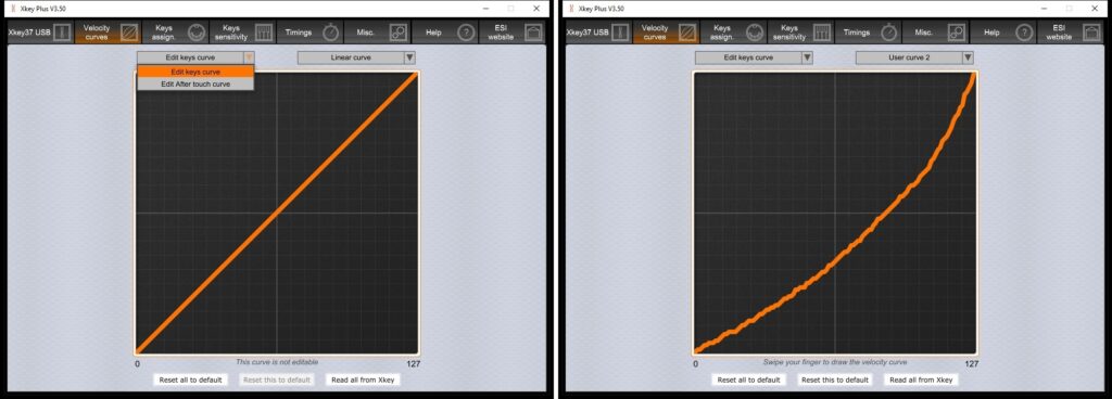 ESI XKEY PLUS EDITOR - Velocity Curves Panel